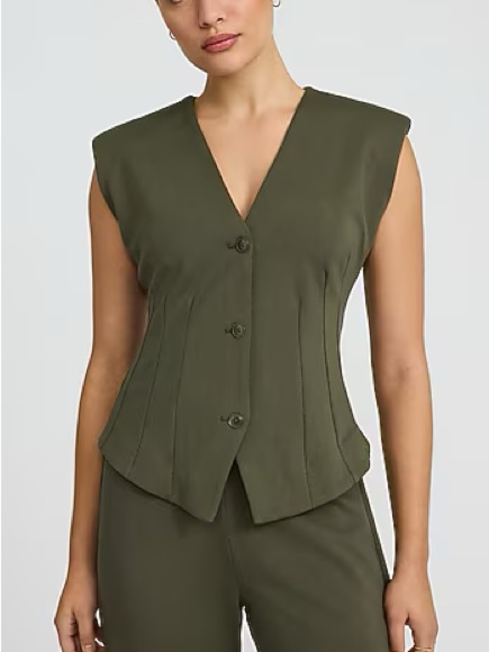 Express Olive Green V-Neck Seamed Vest Top in Signature Ponte